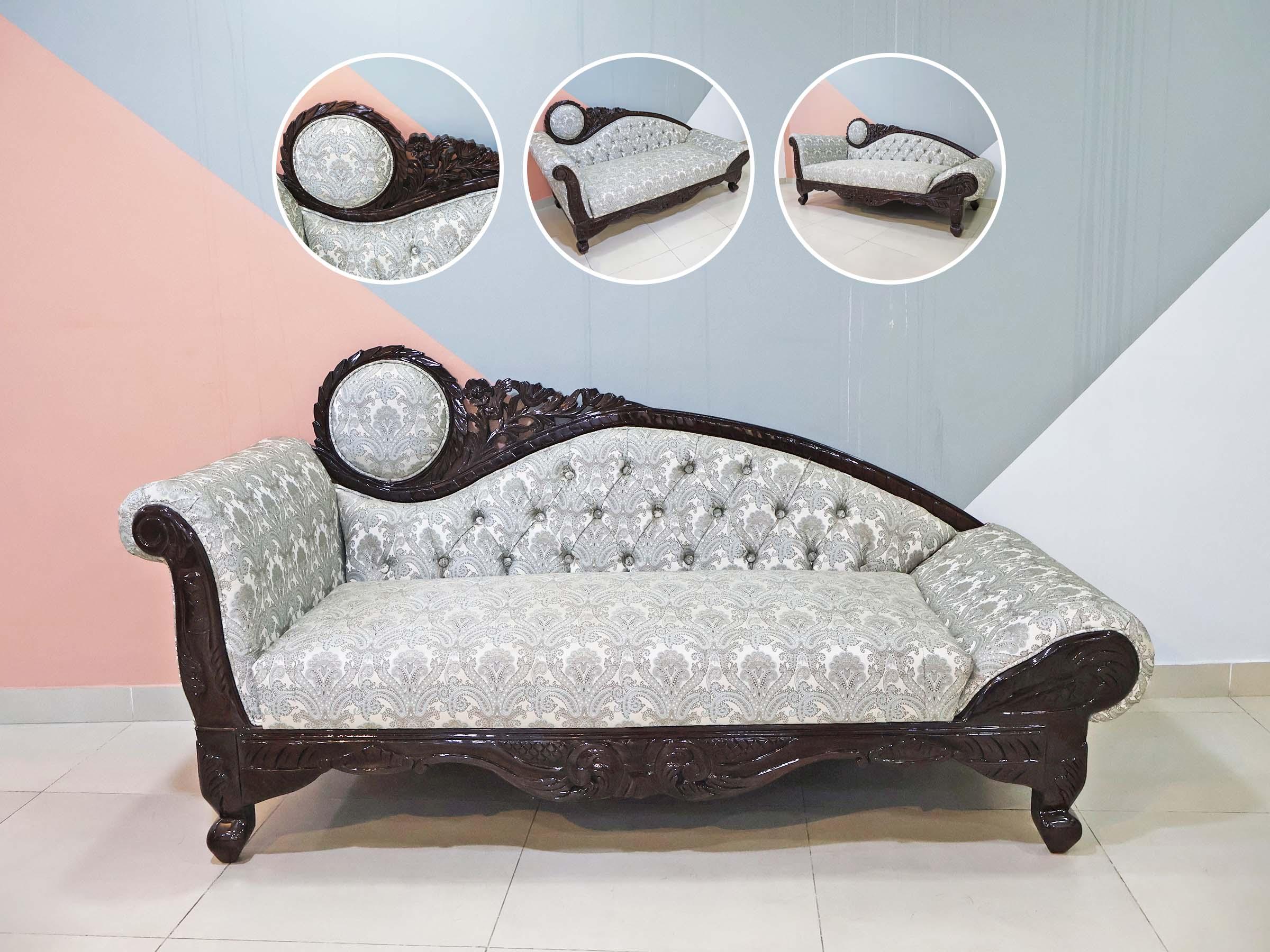 Carved Diwan in Silver Damask