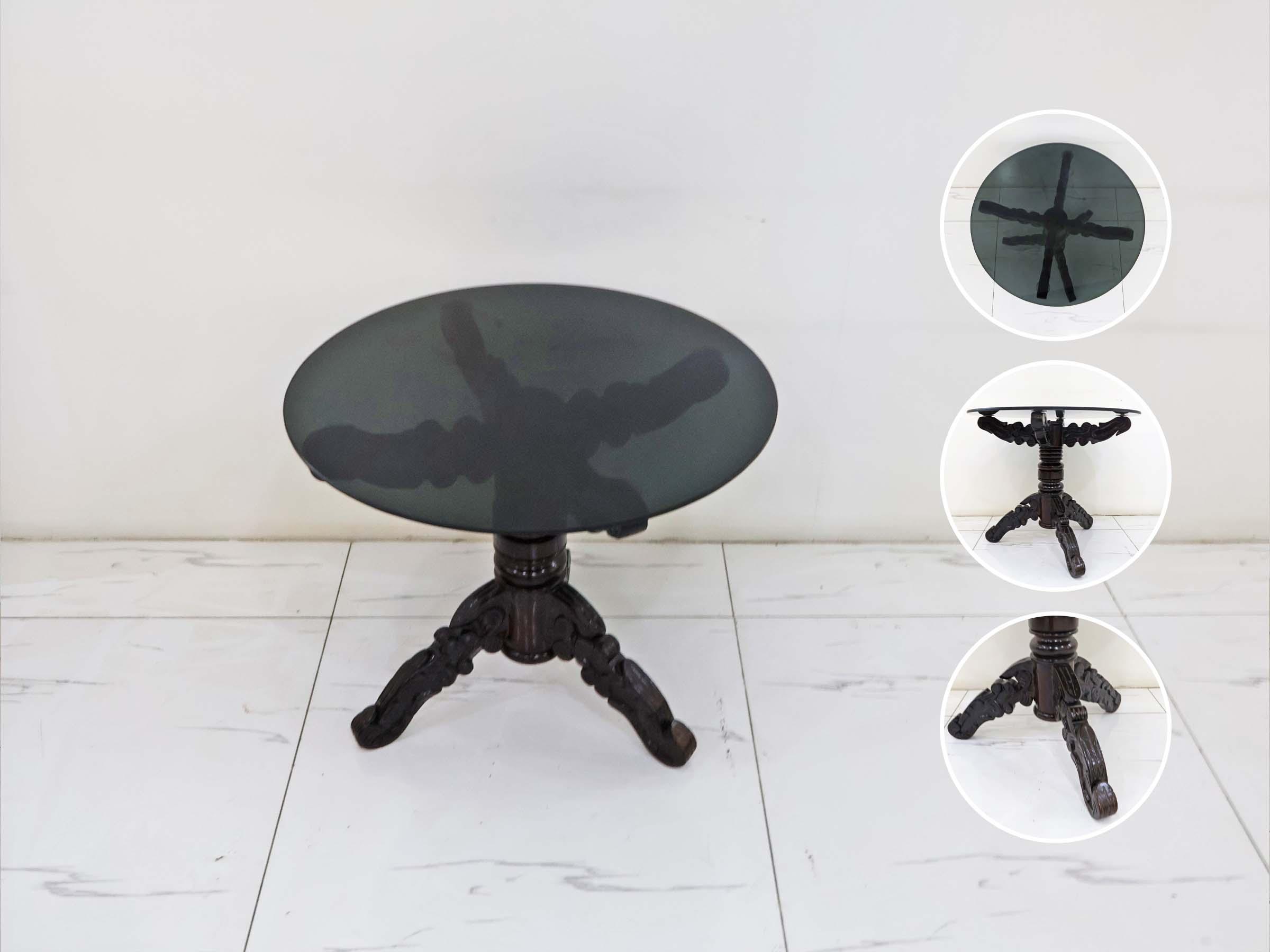 Carved Wooden Glass-Top Table