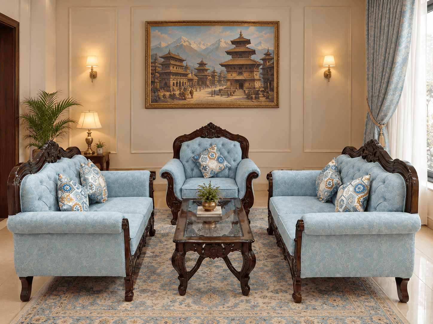 Sea Blue Royal Carved Sofa Set - Furniture in Nepal
