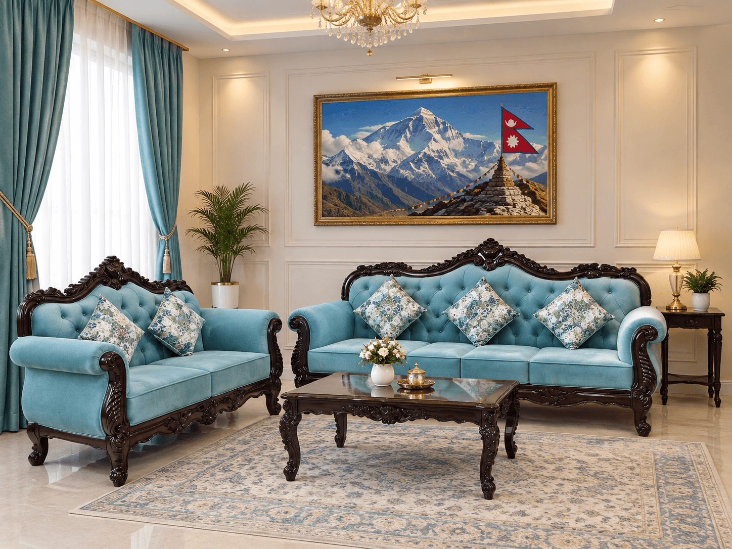 Ocean Blue Royal Carved Sofa