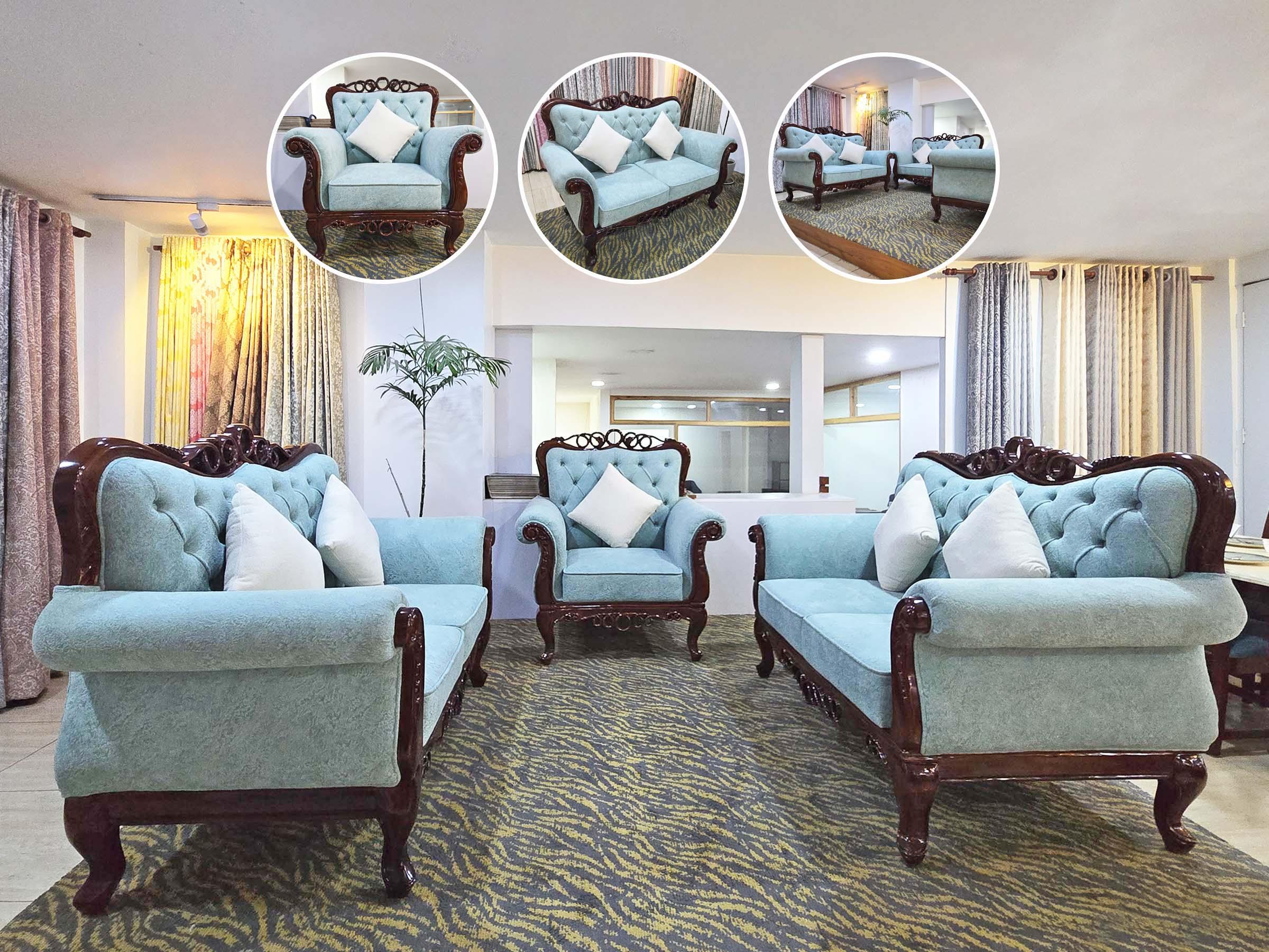 Artic Blue Royal Carved Sofa Set